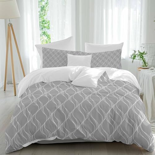 Grey White Stripes Bed Duvet Cover Queen Size Bedding Set, Washed
