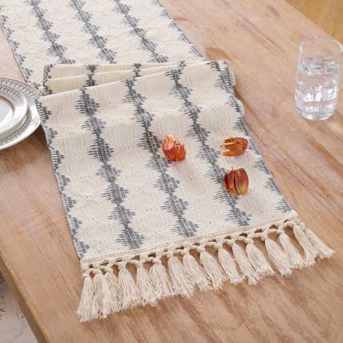 Fancy Homi Grey Boho Cotton Polyester Table Runner 90 Inches Long
