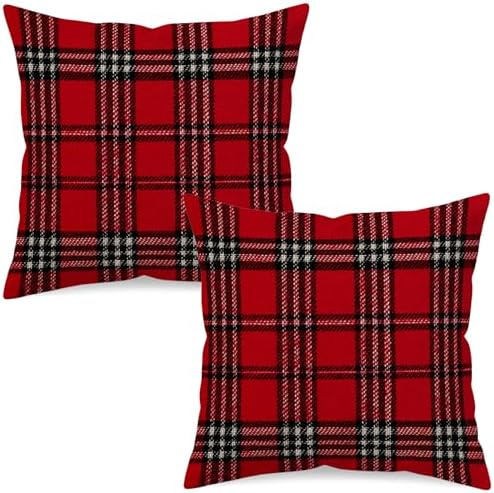 Set of 2 Red Black Buffalo Plaid Check Throw Pillow Covers 22x22 Inch