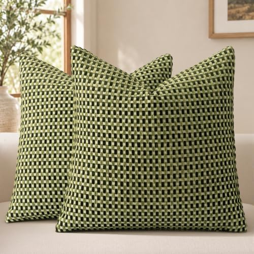 Plaid Decorative Throw Pillow Covers 22x22 inch Set of 2 Olive Green