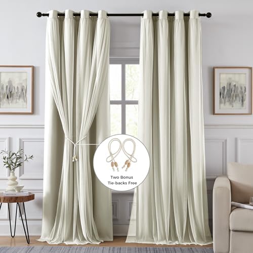 100% Blackout Curtains for Bedroom, Double Layer Ivory 108" L