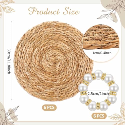 6 Sets Boho Placemats, Rattan Burlap Mats, Pearl Napkin Rings