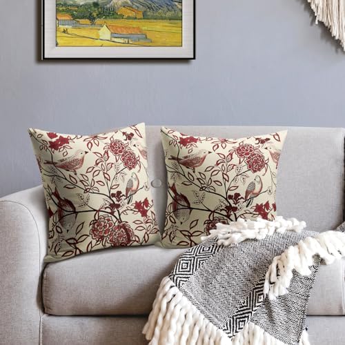 Burgundy Red Floral Pillow Covers 18X18 Inch Chinoiserie Vintage Bird
