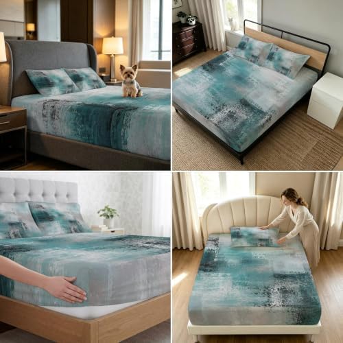 Queen Fitted Sheet Deep Pocket, Cyan Gray Graffiti Texture Soft