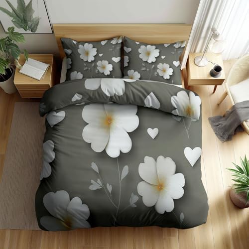 Duvet Cover Set Zipper Closure Gray Queen Quilt Cover Set 3D Floral