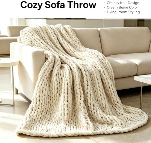 Chunky Knit Throw Blanket, Cream Hand Knitted Thick Yarn Blanket, Soft