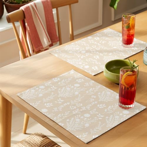 Placemats Set of 8, Cream Botanical Woven Placemat, Linen Place Mats
