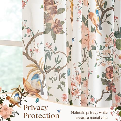 Beige White Floral Bird Linen Curtains 63 Inch 2 Panels for Living