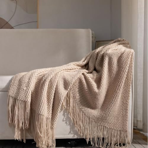 Oatmeal Chunky Knit Throw Blanket with Tassels, Textured Sofa Decor