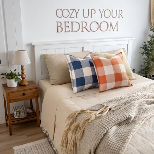 decorUhome Fall Plaid Linen Throw Pillow Covers 22x22 Set of 2 Navy