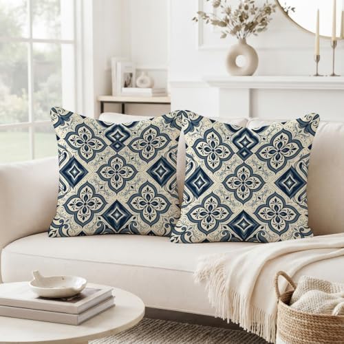 Navy Blue Damask Medallion Mediterranean Throw Pillow Covers 22x22 Set