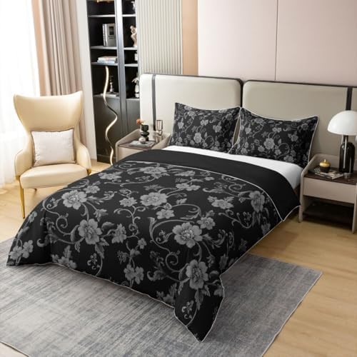 Erosebridal Boho Floral Duvet Cover Set Grey Flower 100% Cotton