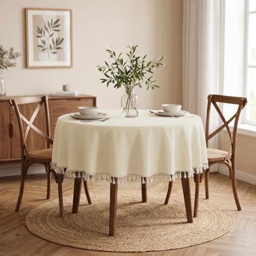 JIUZHEN Waterproof Linen Round Tablecloth with Beige Tassels