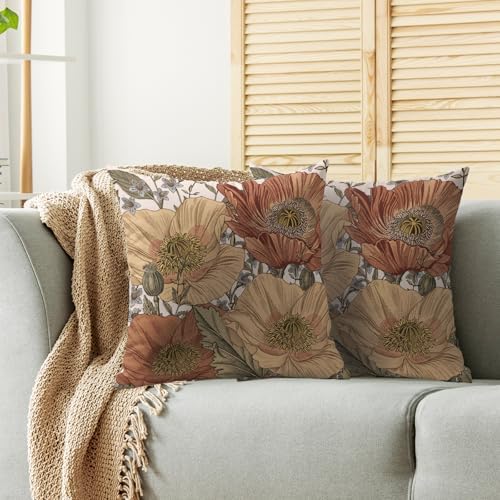 Vintage Floral Pillow Covers 18x18 Inch Set of 2, Brown Rust Red