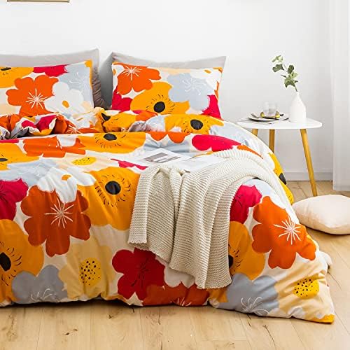 SUSYBAO Floral Duvet Cover Queen 100% Cotton Burnt Orange Flower Duvet