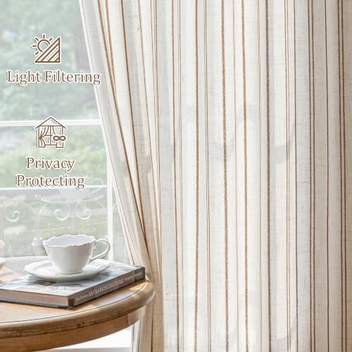 MYSKY HOME Light Brown Striped Linen Curtains for Living Room 96 Inch