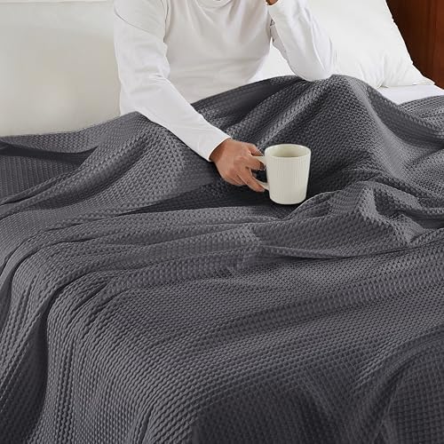 100% Cotton Waffle Throw Blanket for Bed King Size Dark Grey, 104" x