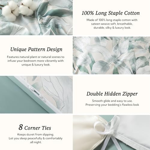 MILDLY Sage Green Leaves Duvet Cover Set 3pcs for All Season Queen