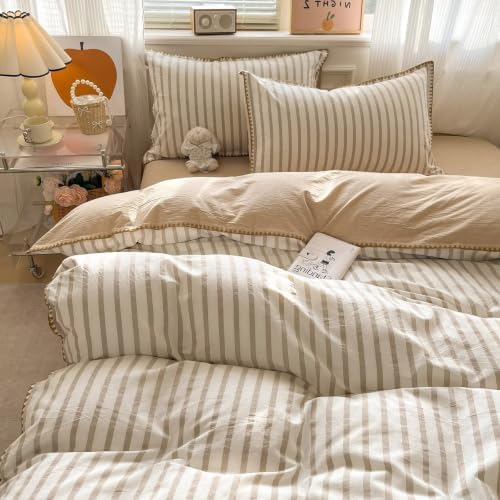 Light Khaki White Striped Duvet Cover Twin XL Farmhouse Cotton Bedding