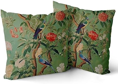 Green Chinoiserie Pillow Cover 20x20 Inch Vintage Bird Flower Throw
