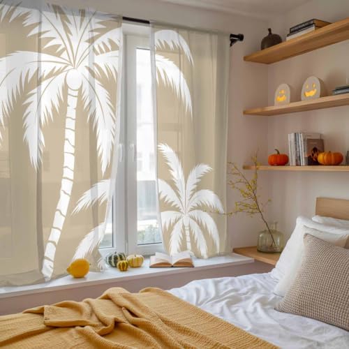 Brown Palm Tree Sheer Curtains 72 Inches Long, Coastal Tropical Summer