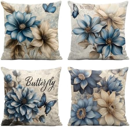 Flowers Throw Pillow Covers 18x18 Set of 4 Floral Butterfly Blue Gold