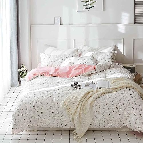 Pink Floral Duvet Cover Queen Size, 3 Piece White Flower Botanical