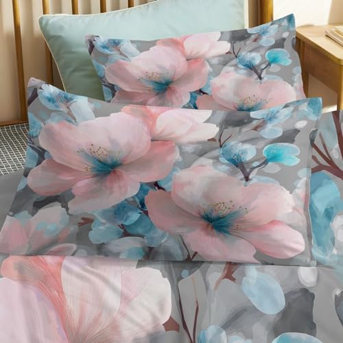 Watercolor Flowers Plants King Duvet Cover Set, Soft Microfiber