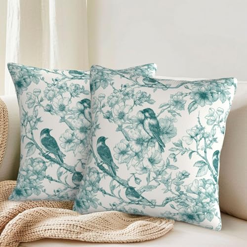 KiuLoam Vintage Toile Teal Floral Pillow Covers 22x22 Inch Set of 2