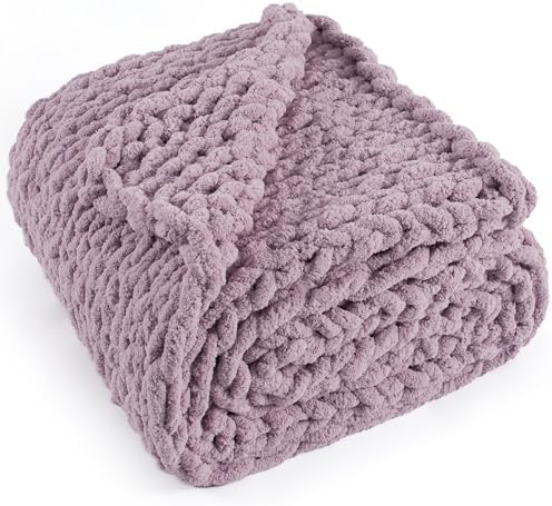 Chunky Knit Throw Blanket 50x60, 100% Handmade Chenille Yarn