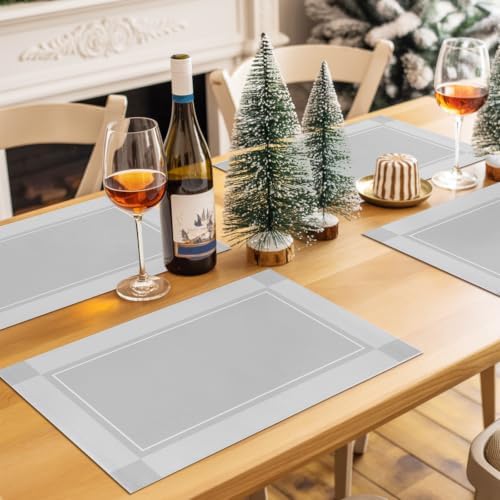 Light Grey Plaid Placemats Set of 8, Cotton Linen Fabric Place Mats
