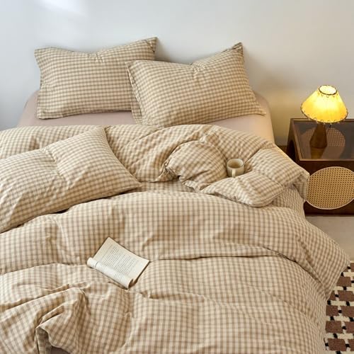 LifeTB Brown Gingham Duvet Cover Set Queen Beige Tan Plaid Checkered