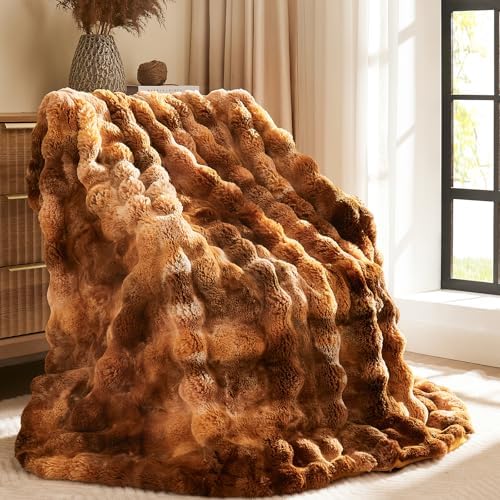 L'AGRATY Faux Fur Throw Blanket for Couch, 60''x80'' Tie-Dye Caramel