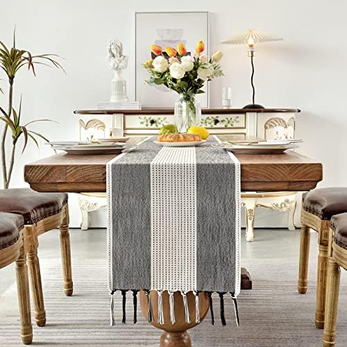 Wracra Linen Table Runner, Stripe Table Runners 90 Inches Long Black