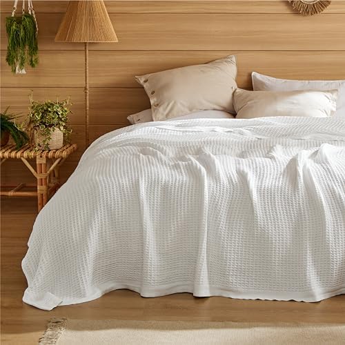 Bedsure 100% Cotton Blanket, Waffle Weave, Full Size, White, 80"x90"