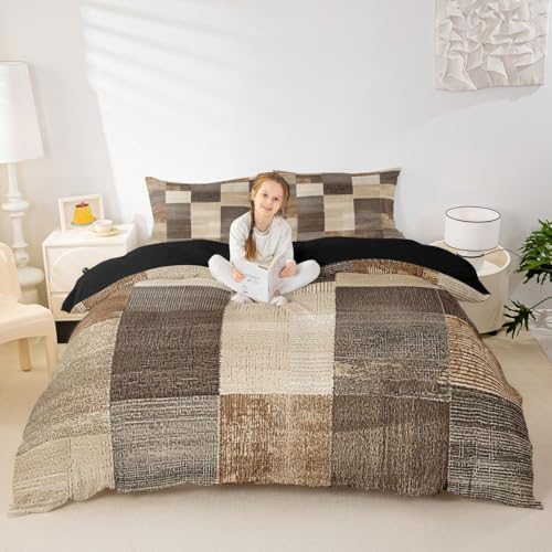 jejeloiu Modern Geometric Duvet Cover King Size Brown Beige Patchwork