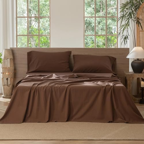 MOOMEE Flat Sheet Only 100% Washed Cotton Linen-Like Queen