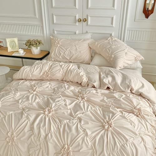 Beige Queen Size Duvet Cover Set with Pinch Pleat Flower Design, 3 PCS