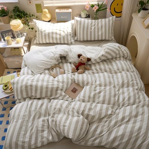 LifeTB Vintage Striped Duvet Cover Set Queen, 3 Pieces Khaki Grey