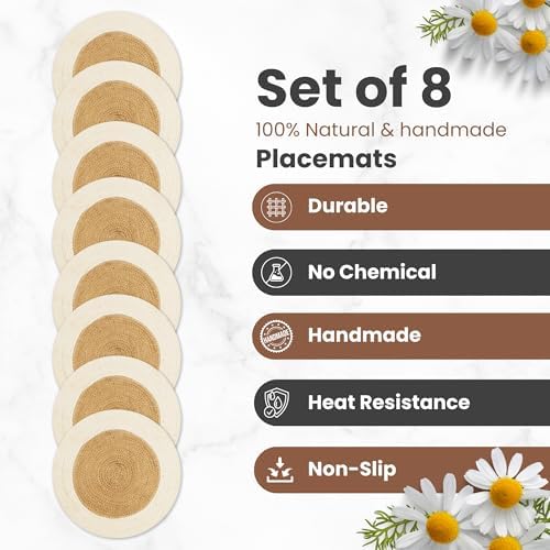 Eco Crave Jute Placemats, White Rim, Set of 8, 13 Inch