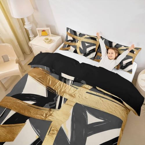 Feelyou Black Gray Gold Duvet Cover King Size Abstract Bedding Set for