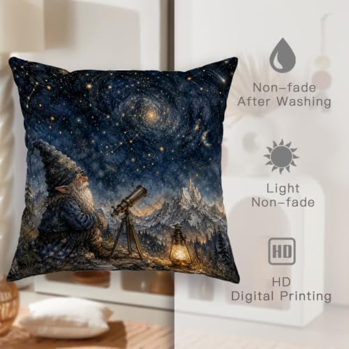 Gnome Throw Pillow Covers Set of 2, Fantasy Fanciful Telescope