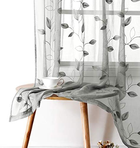 HOMEIDEAS Light Grey Sheer Curtains Leaf Embroidered, 52x63 Inch, 2