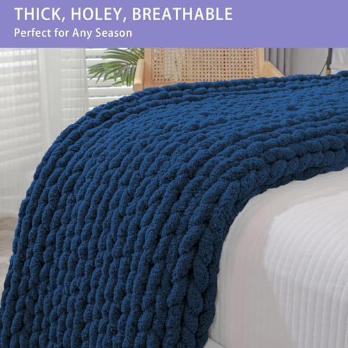 Bigacogo Chunky Knit Throw Blanket for Couch, 60x80 inches, Navy Blue