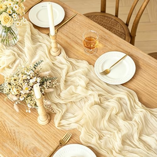 6Pcs Beige Table Runner, 10FT Rustic Cheesecloth Table Runner