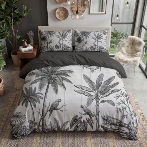 Tropical Print Microfiber Grey Duvet Cover Set King