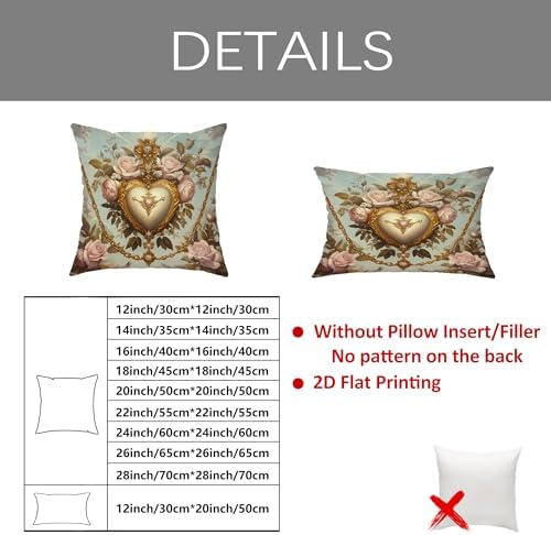Vintage Floral Heart Throw Pillow Covers Set of 2, Cream and Gold