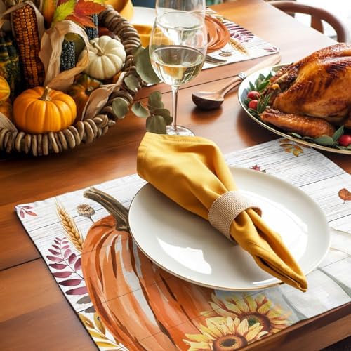 Fall Placemats Set of 8, Cotton Linen Fabric Place Mats, Thanksgiving