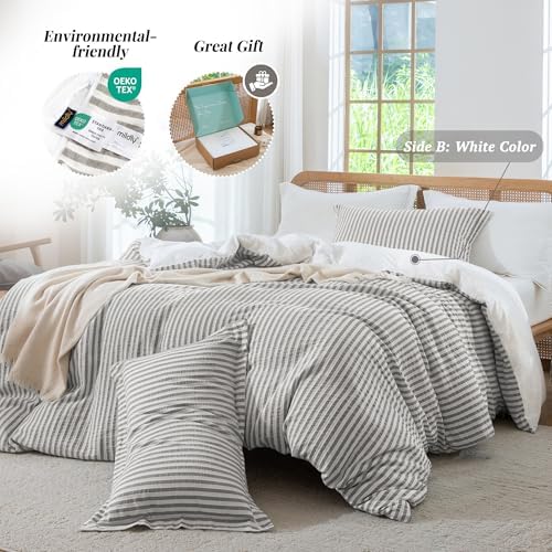 MILDLY Jacquard Striped Duvet Cover Set 3pcs Dual Zipper Taupe Queen