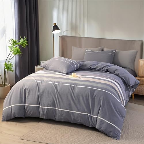 vctops 100% Washed Cotton Duvet Cover King Size 3 Pieces Grey Striped